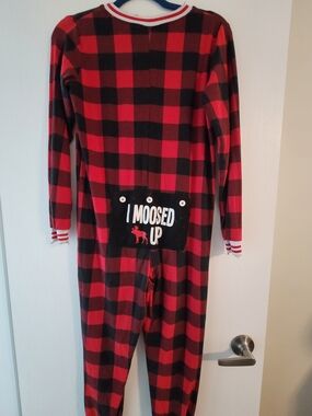 Red & Black Buffalo Plaid One-Piece Pajama with 'I Moosed Up' Pocket Onesie